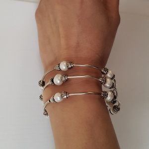 Pearl and silver wrap bangle bracelet